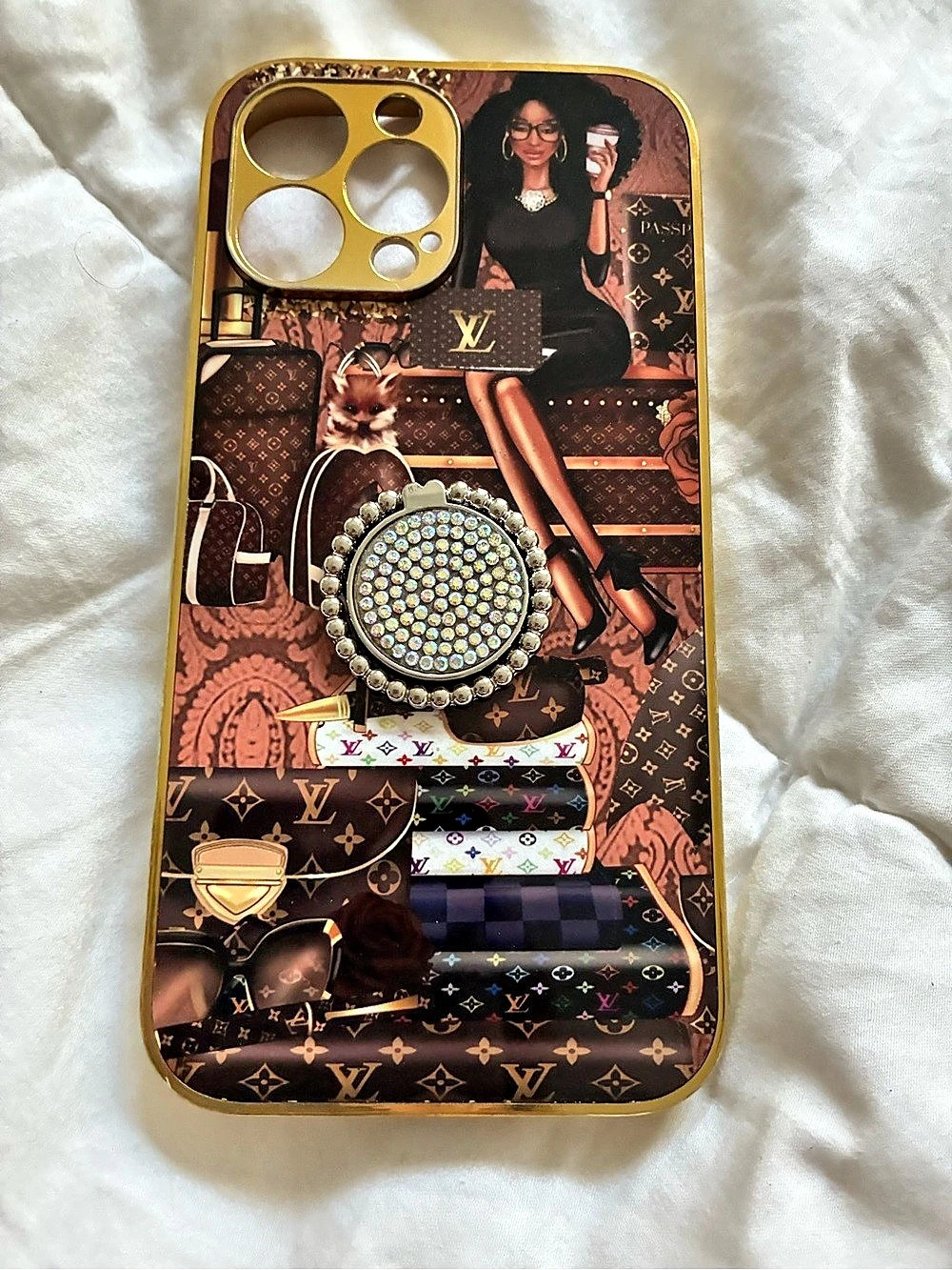 Brown & Gold Jeweled Phone Case, I phone 15.